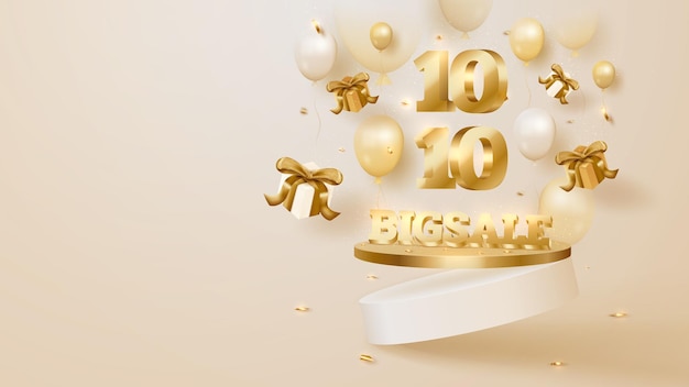 10.10, big sale day background, podium with gift box and balloons, golden ribbon. luxury concept. 3d vector illustration.