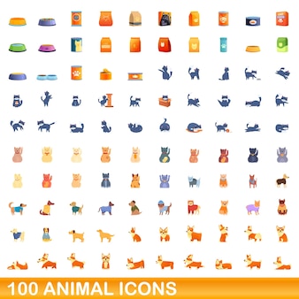 Набор из 100 икон животных, мультяшный стиль
