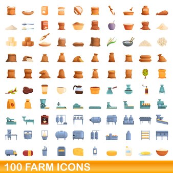 Набор из 100 иконок фермы. карикатура на 100 векторных икон ферм, выделенных на белом фоне
