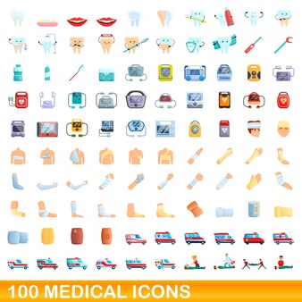 100の医療アイコンが設定されています。白い背景で隔離の100の医療アイコンベクトルセットの漫画イラスト