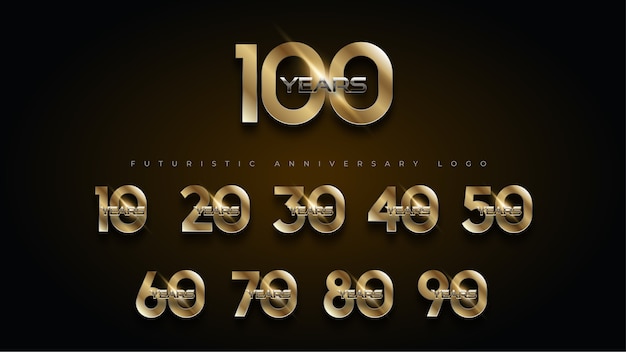 Vettore gratuito logo di numero di anniversario di lusso in oro e argento di 100 anni