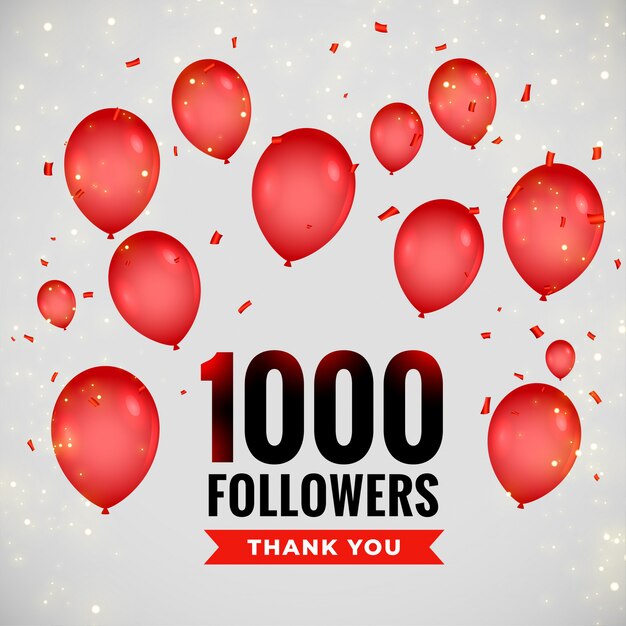 1000 followers greeting background with flying balloons