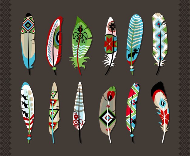 12 feathers painted with colorful ethnic pattern  with animal symbols or geometric shapes  concept of primitive art and natural creativity  on grey background with vertical seamless decorative borders