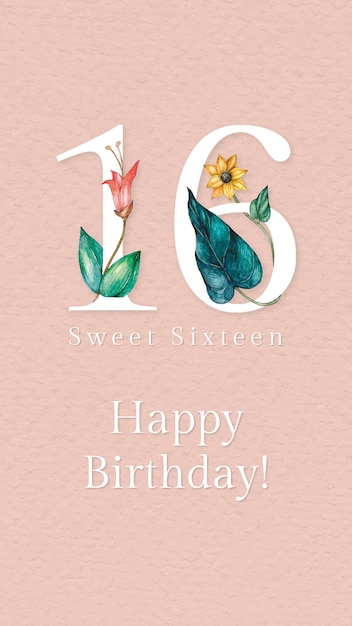 16th birthday greeting template vector with floral number illustration