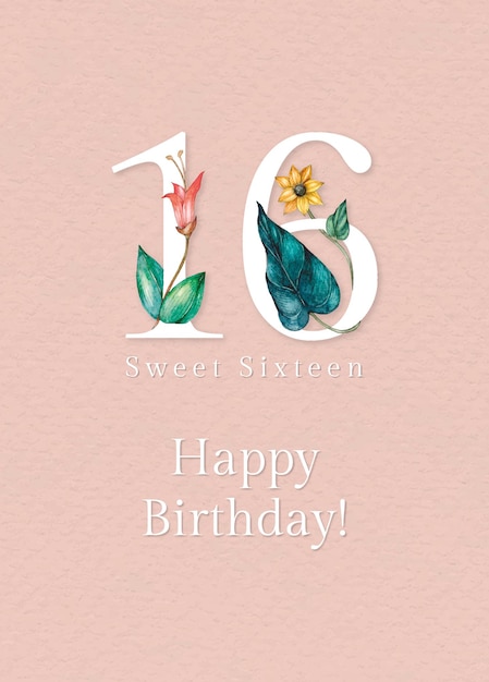Modello di auguri per il 16° compleanno con illustrazione del numero floreale