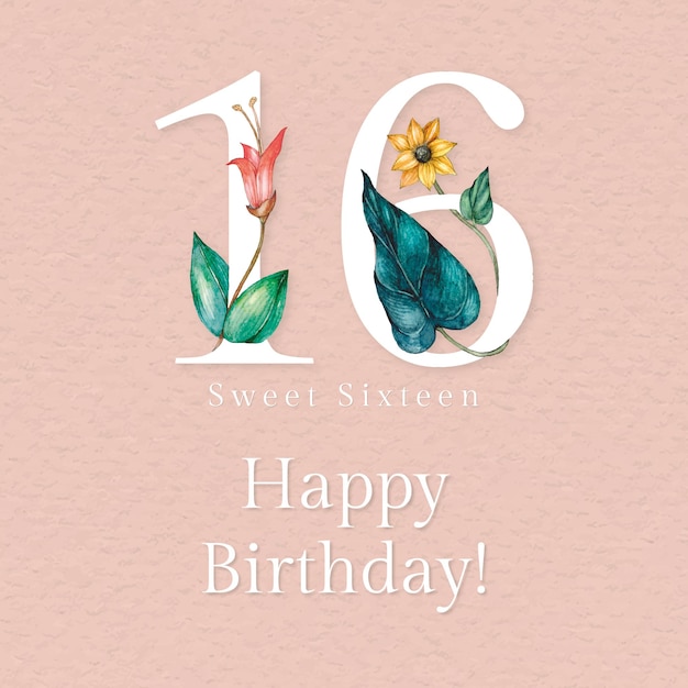 Vettore gratuito modello di auguri per il 16° compleanno con illustrazione del numero floreale