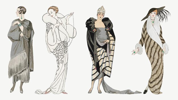 1920年代の女性のファッションベクトル冬のコートセット、ジョージバルビエのアートワークからリミックス