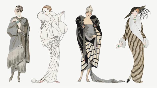 1920년대 여성 패션 벡터 겨울 코트 세트, George Barbier의 작품에서 리믹스