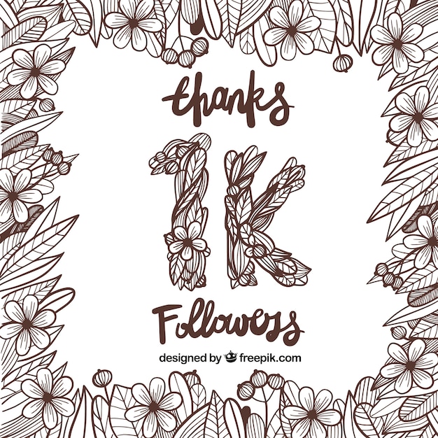 1k follower background with flowers and hand drawn leaves