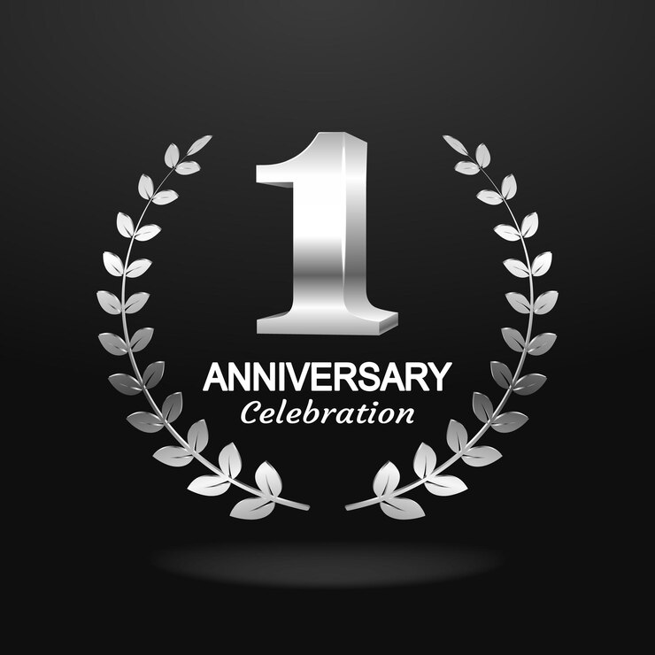 Free Vector 1st anniversary logo with blue ribbon and laurel wreath vector template for birthday celebration