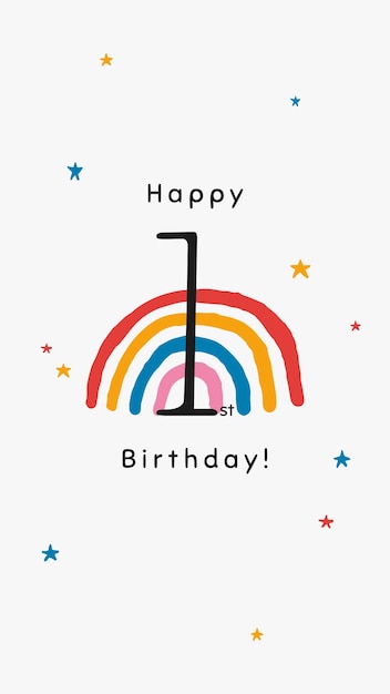 虹のイラストと1歳の誕生日の挨拶テンプレートベクトル