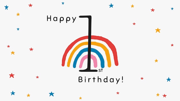 Modello di auguri per il primo compleanno con illustrazione arcobaleno