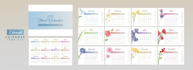 2 formats complete set of 12 month for 2022 floral desk calendar design.
