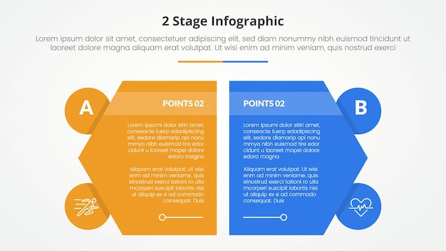비교를 위한 2 포인트 스테이지 템플릿 반대 인포그래픽 슬라이드 프레젠테이션 개념 창의적인 육각형 슬라이스 원 배지와 평평한 스타일