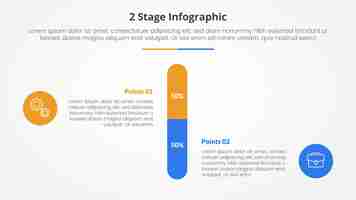 無料ベクター 対照的なインフォグラフィックコンセプトを比較するための2ポイントステージテンプレート 円形の垂直バーパーセントとフラットスタイルのスライドプレゼンテーション
