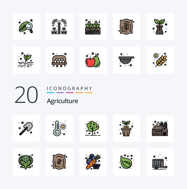 Free vector 20 agriculture line filled color icon pack like storehouse agriculture tree plant pot