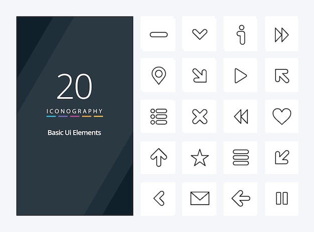 20 Basic Ui Elements Outline icon for presentation Vector Line icons illustration