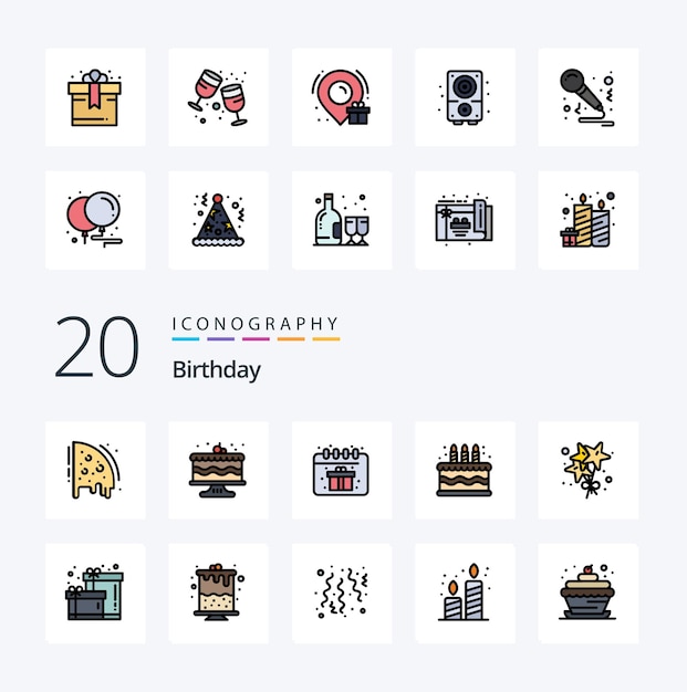 Free vector 20 birthday line filled color icon pack like birthday stare birthday birthday cake