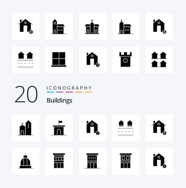 20 Buildings Solid Glyph icon Pack like complete buildings historic property flag