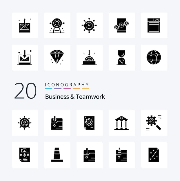 Бесплатное векторное изображение 20 business and teamwork solid glyph icon pack, такие как финансовые и бизнес-колонки, банковское творчество