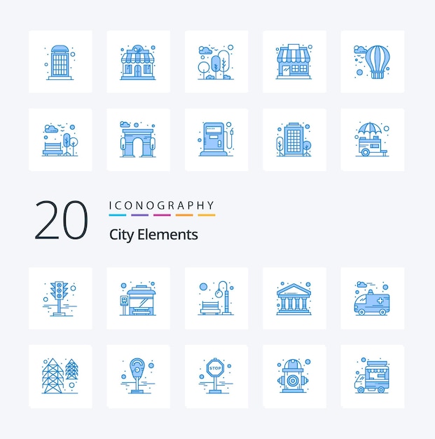 Free vector 20 city elements blue color icon pack like ambulance finance bench city light