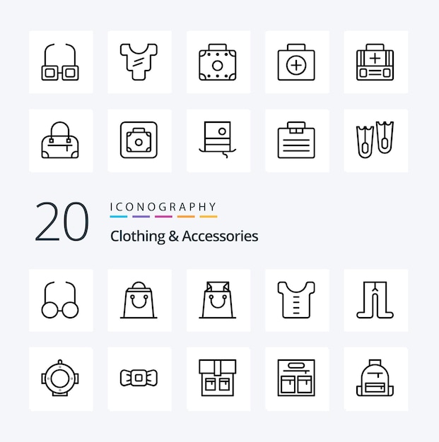 Бесплатное векторное изображение 20 аксессуаров для одежды line icon pack, как хипстерская рубашка с бантом, морской дайвинг