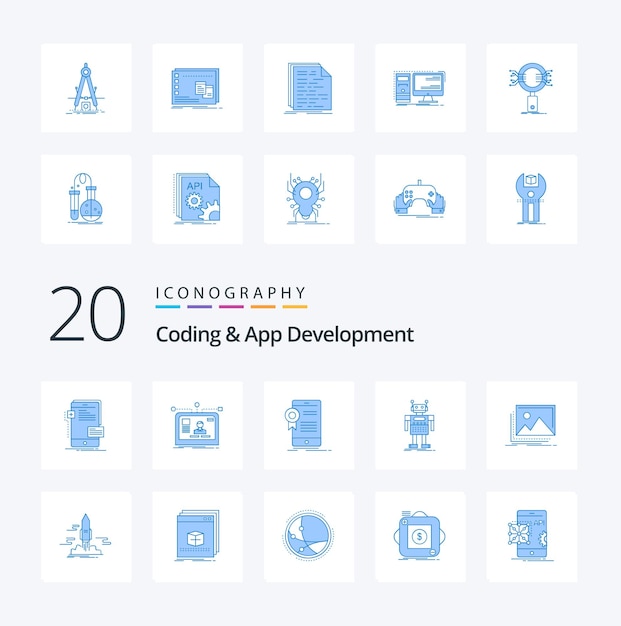 20 coding and app development blue color icon pack like artificial robot layout approval app