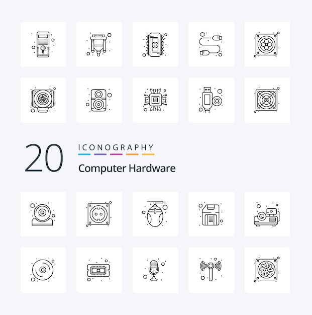Free vector 20 computer hardware line icon pack like presentation hardware computer floppy computer