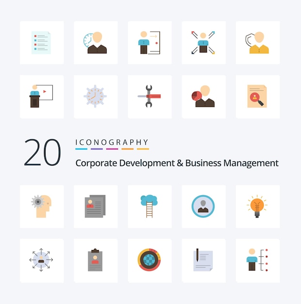 Free vector 20 corporate development and business management flat color icon pack like heaven career about business personal