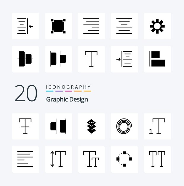 20 Design Solid Glyph 아이콘 크기 조정 텍스트 사각형 왼쪽 아래 첨자와 같은 팩