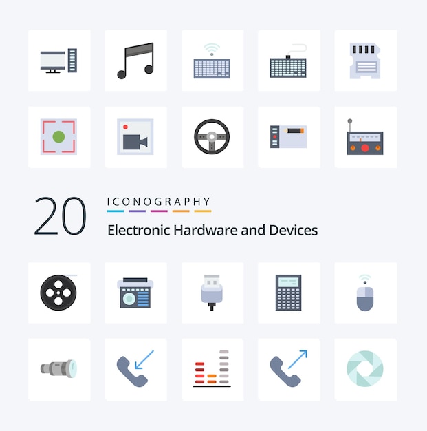 Free vector 20 devices flat color icon pack like hardware type album keys hardware