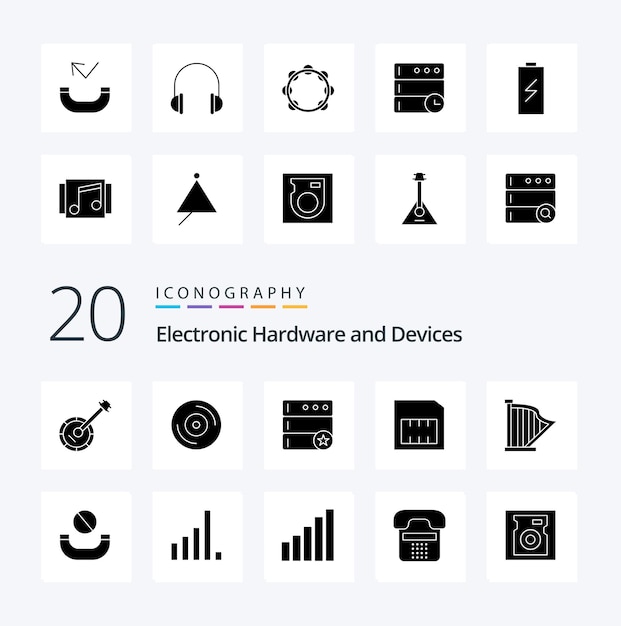 Vettore gratuito 20 dispositivi solid glyph icon pack come musica arpa database audio mobile