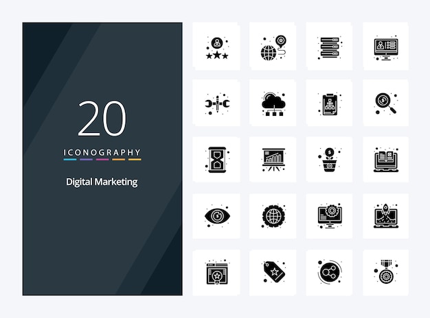 20 icona glyph solido per il marketing digitale per la presentazione illustrazione delle icone vettoriali