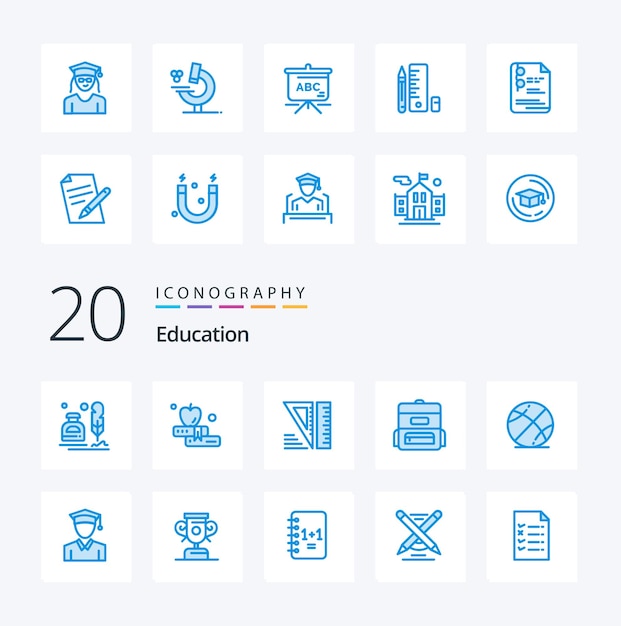 Free vector 20 education blue color icon pack like microscope woman education graduation cap