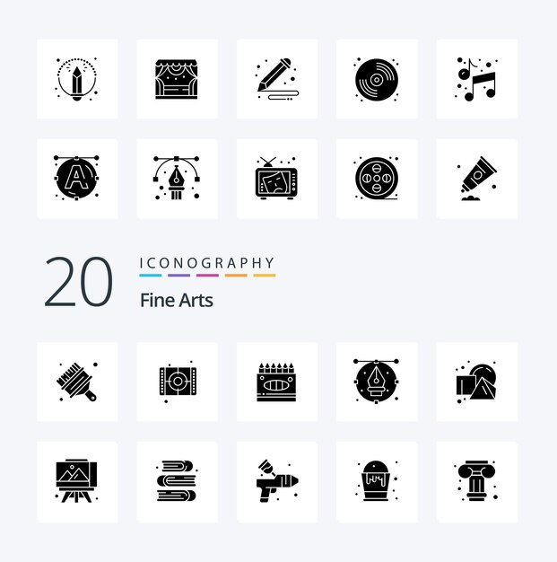 20 Fine Arts Solid Glyph icon Pack, похожие на кубические карандаши для рисования