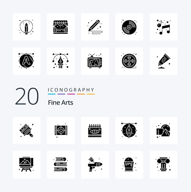 20 Fine Arts Solid Glyph icon Pack, похожие на кубические карандаши для рисования