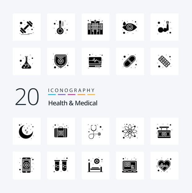 20 Health And Medical Solid Glyph icon Pack like sign hospital healthcare board science