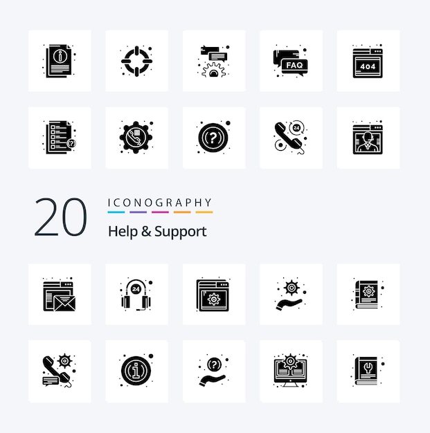無料ベクター 20 ヘルプとサポート ソリッド グリフ アイコン ギアブック ヘルプ サポート管理のようなパック