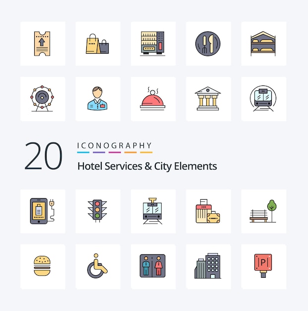 Бесплатное векторное изображение 20 гостиничных услуг и элементов города. линия заполнена цветным значком.