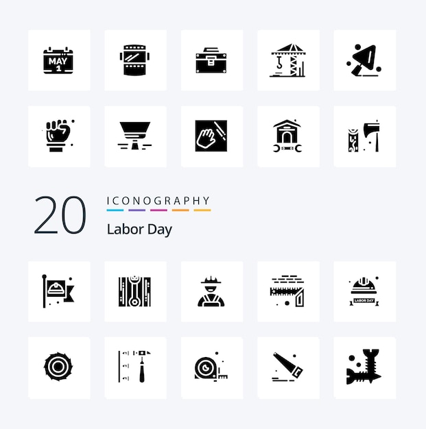Бесплатное векторное изображение 20 день труда solid glyph icon pack, похожий на работника по измерению высоты по размеру