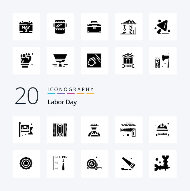 20 День труда Solid Glyph icon Pack, похожий на работника по измерению высоты по размеру