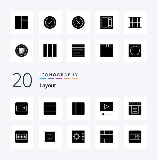 Free vector 20 layout solid glyph icon pack like field tabs grid dropdown movie