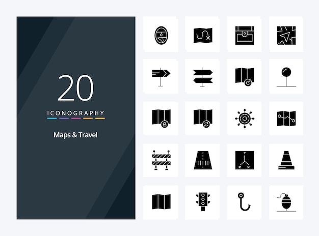 Vettore gratuito 20 mappe icona glyph solido di viaggio per la presentazione illustrazione delle icone vettoriali