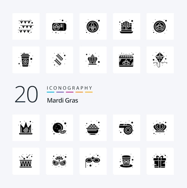 Free vector 20 mardi gras solid glyph icon pack like drum empire eat crown parade