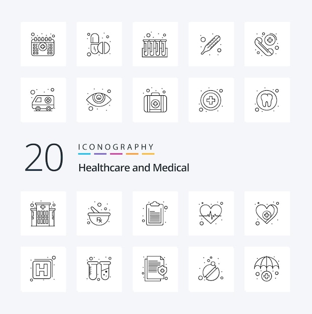 20 Medical Line icon Pack like care love document heart pulse