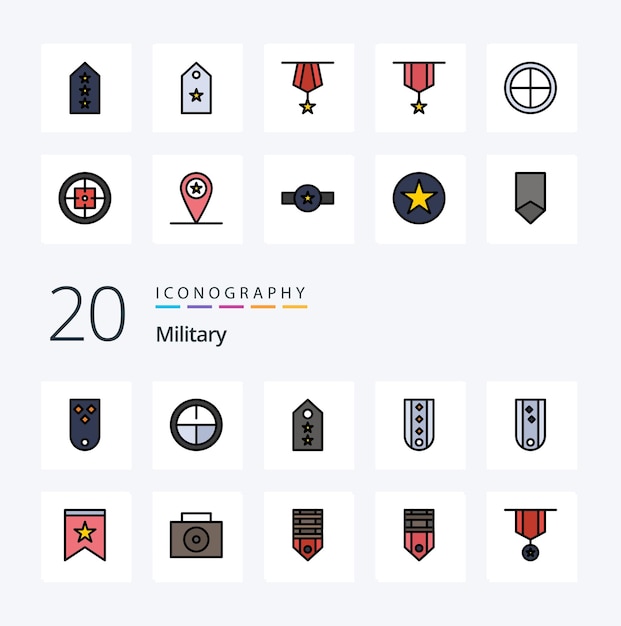 Free vector 20 military line filled color icon pack like striped military military insignia two