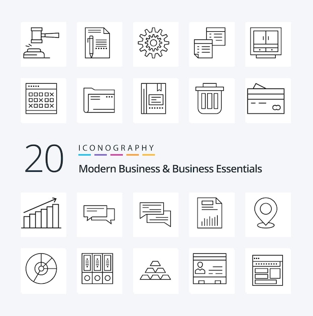 Vettore gratuito 20 modern business and business essentials line icon pack come il documento della bolla aziendale della finanza sociale