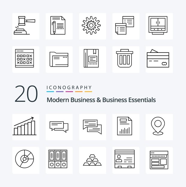 20 значков Modern Business And Business Essentials Line Pack, как финансовый бизнес пузырь документ социальный