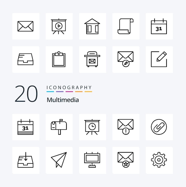 20 Multimedia Line icon Pack like buffer mail document inbox date