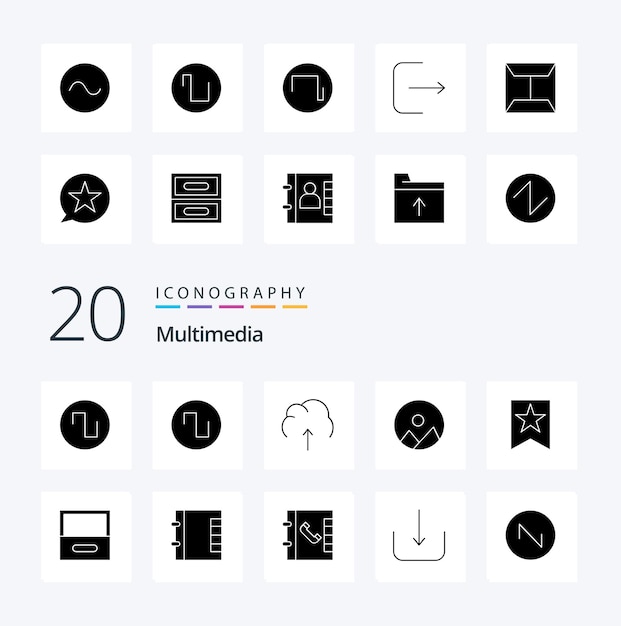 Free vector 20 multimedia solid glyph icon pack like logout favorite multimedia bookmark nature